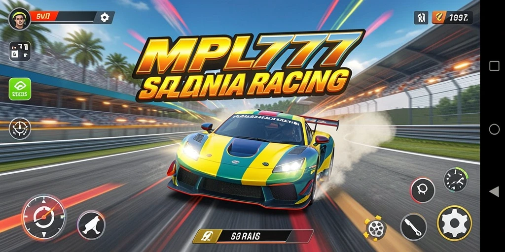 Tampilan gameplay MPL777 dengan mobil balap di lintasan.