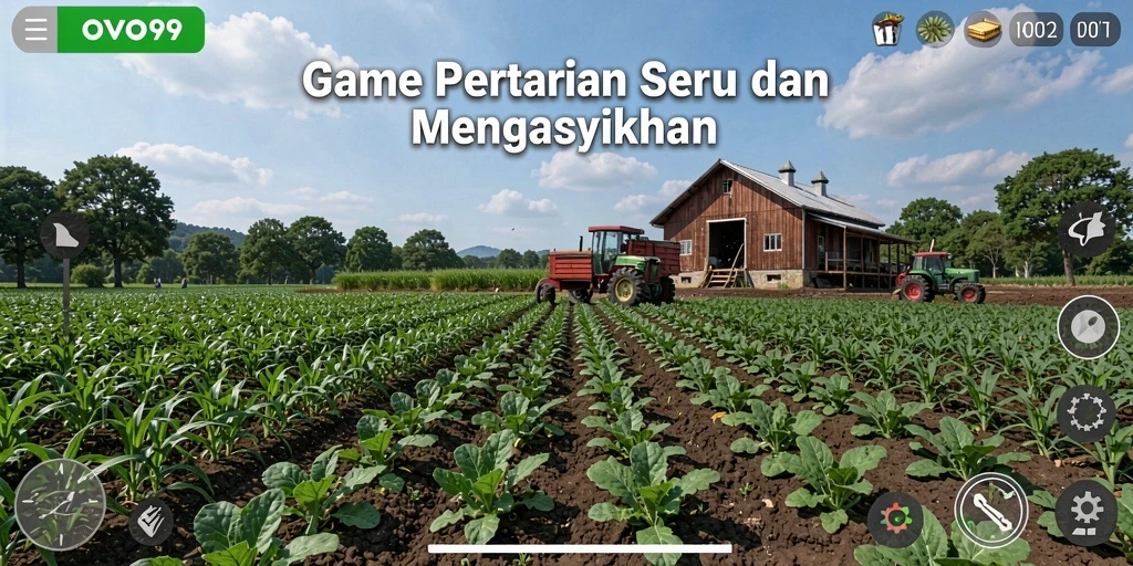 Tampilan gameplay menarik OVO99 dengan pemandangan ladang hijau.