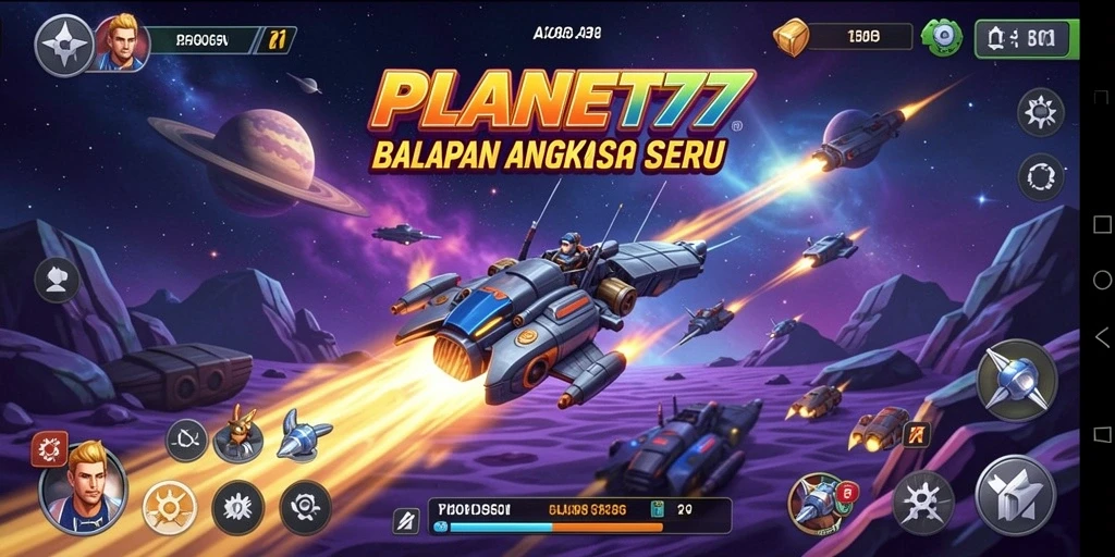 Tangkapan layar menunjukkan gameplay menegangkan di trek balapan luar angkasa PLANET77.