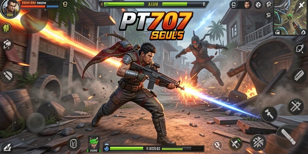 Tampilan gameplay seru di PT707, menunjukkan aksi bertempur yang mendebarkan.