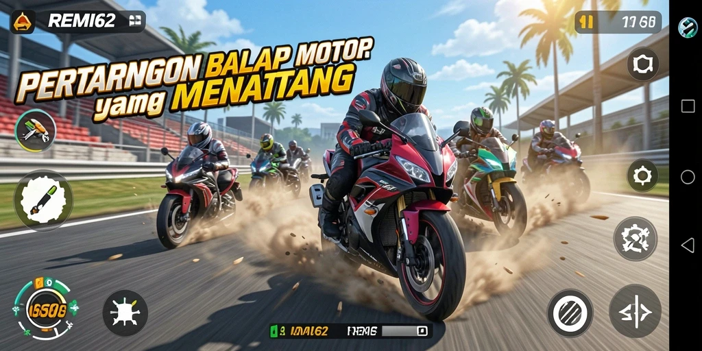 Tampilan gameplay menantang dari REMI62 di trek balap yang menakjubkan.
