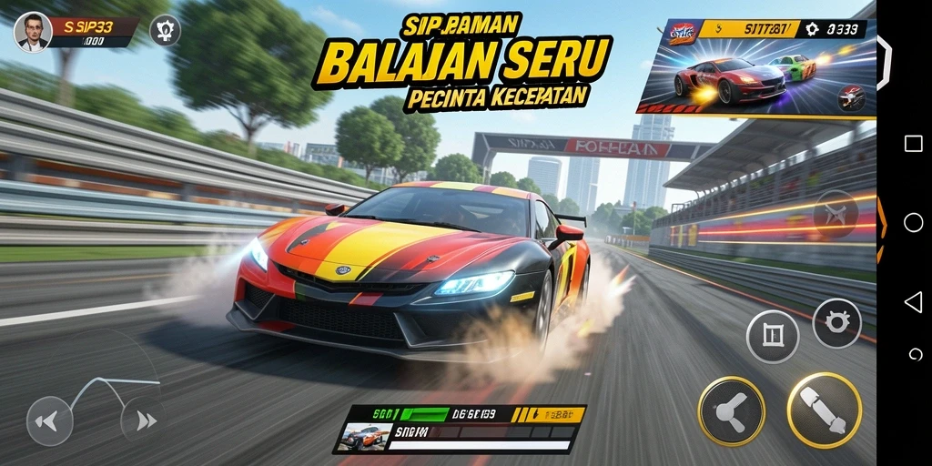 Tampilan gameplay SIP33 dengan mobil balap yang melaju kencang.