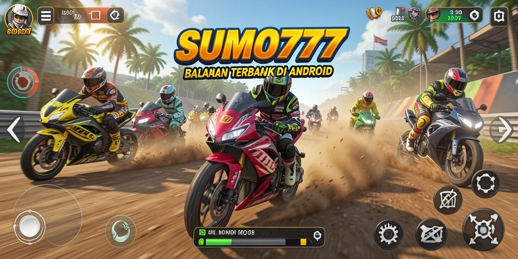 Tampilan gameplay seru dari SUMO777 yang menggambarkan balapan motor.